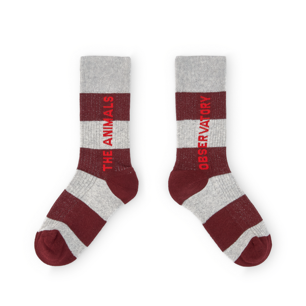 Grey and maroon stripe socks with 'The Animals Observatory'  logo