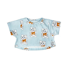 Load image into Gallery viewer, Hugo Loves Tiki - Pale blue crop top with all over kitten print
