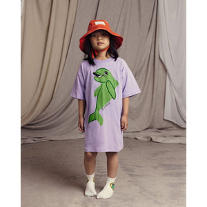 Mini rodini - purple t-shirt dress with green dolphin print
