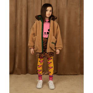 Mini Rodini - Light brown faux fur coat with dark brown hood with ears and adored embroidery on pocket