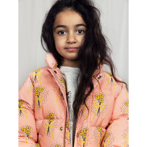 Mini Rodini pink puffer jacker with all over yellow flower print from the new AW24 collection 'Agatha'