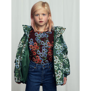 Mini Rodini green puffer jacker with all over blue and white daisy flower print from the new AW24 collection 'Agatha'