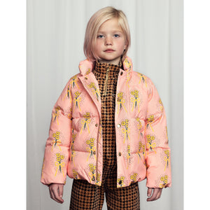 Mini Rodini pink puffer jacker with all over yellow flower print from the new AW24 collection 'Agatha'