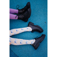 Load image into Gallery viewer, Repose AMS - cream ribbed tights with all over blue logo design
