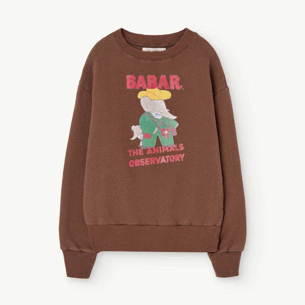 The Animals Observatory babar sweatshirt in deep brown with Babar illustrative print on the front