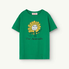 Load image into Gallery viewer, The Animals Observatory - green t-shirt with happy flower print in white and yellow
