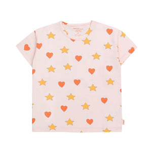 Tinycottons - pale pink t-shirt with all over red heart and yellow star print