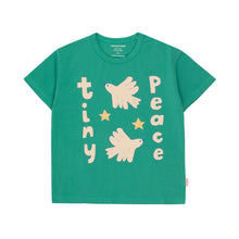 Load image into Gallery viewer, Tinycottons - emerald green t-shirt with &#39;Tiny Peace&#39; and dove print in white
