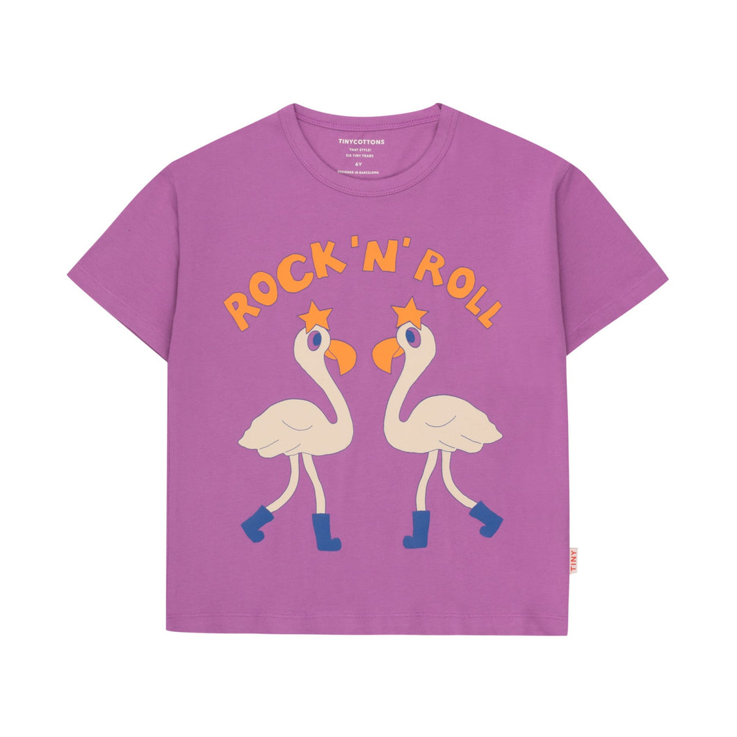 Tinycottons - deep pink t-shirt with 'rock 'n' roll and flamingo print in red and white