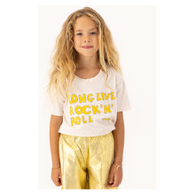 Load image into Gallery viewer, Tinycottons - light cream marl t-shirt with &#39;long live rock &#39;n&#39; roll print in yellow
