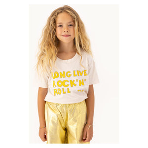 Tinycottons - light cream marl t-shirt with 'long live rock 'n' roll print in yellow