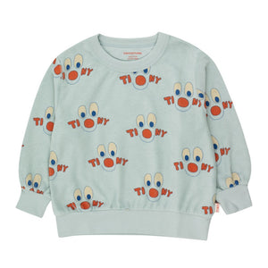 Tinycottons - soft blue cotton terry sweatshirt with all over happy clown print in red and blue