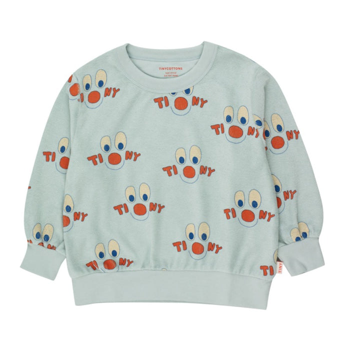 Tinycottons - soft blue cotton terry sweatshirt with all over happy clown print in red and blue