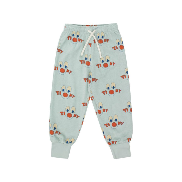 Tinycottons - soft blue cotton terry sweatpants with all over happy clown print in red and blue