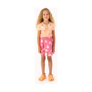 Tinycottons - pink ruffle hem skirt with all over white dove print in woven cotton