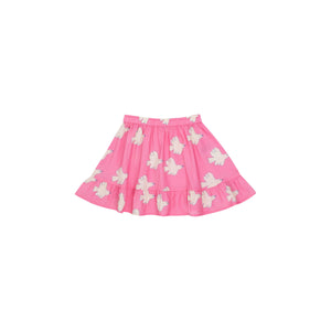 Tinycottons - pink ruffle hem skirt with all over white dove print in woven cotton