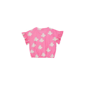 Tinycottons - pink ruffle sleeve blouse with all over white dove print