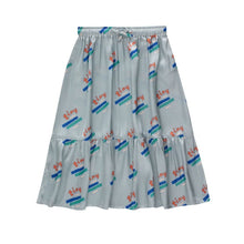 Load image into Gallery viewer, Tinycottons - jade green shiny skirt with &#39;Tiny&#39; print in red, blue and green

