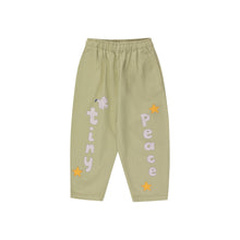 Load image into Gallery viewer, Tinycottons - sage green trousers with &#39;tiny peace&#39; and dove print in white
