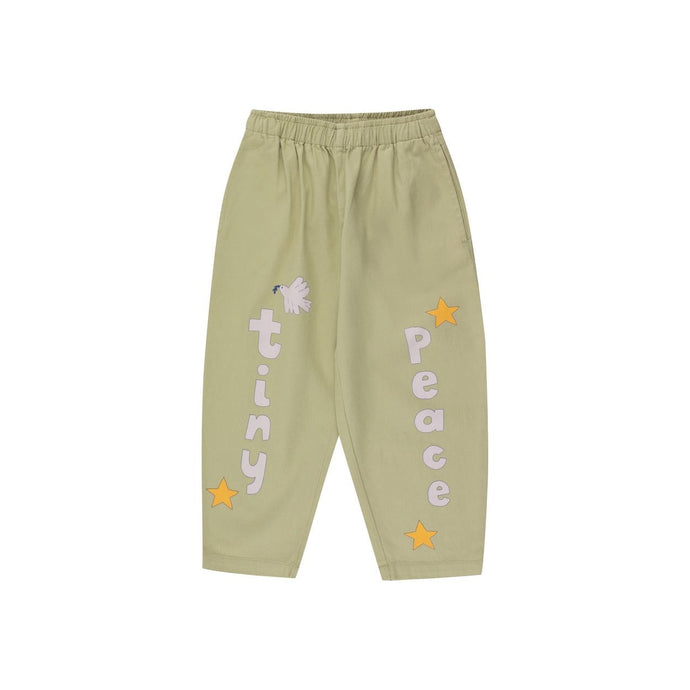 Tinycottons - sage green trousers with 'tiny peace' and dove print in white