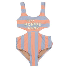 Load image into Gallery viewer, Tinycottons - pale blue and peach swim suit with cut out sides and wonderland print

