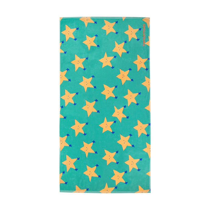 Tinycottons - green beach towel with all over dancing stars print in yellow