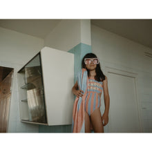 Load image into Gallery viewer, Tinycottons - pale blue and peach swim suit with cut out sides and wonderland print
