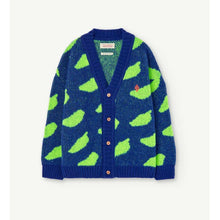 Load image into Gallery viewer, The Animals Observatory - Navy knitted cardigan with all over acid green pattern.
