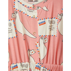 Mini Rodini - Pink playsuit with all over pigeon and airmail print in white