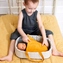 Load image into Gallery viewer, Pomea Dolls by Djeco - Baby doll bassinet in mustard and blue
