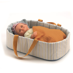 Pomea Dolls by Djeco - Baby doll bassinet in mustard and blue