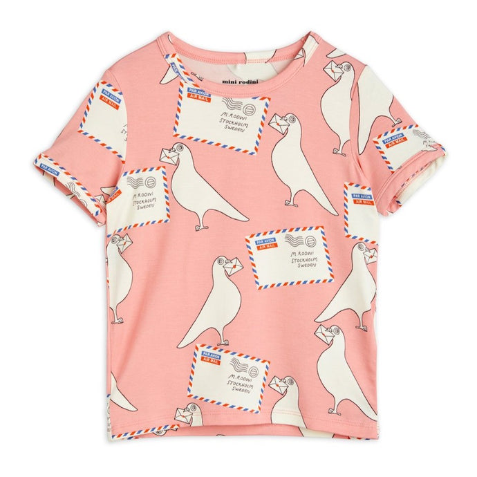 Mini Rodini - Pink t-shirt with all over pigeon and airmail print in white