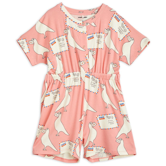 Mini Rodini - Pink playsuit with all over pigeon and airmail print in white