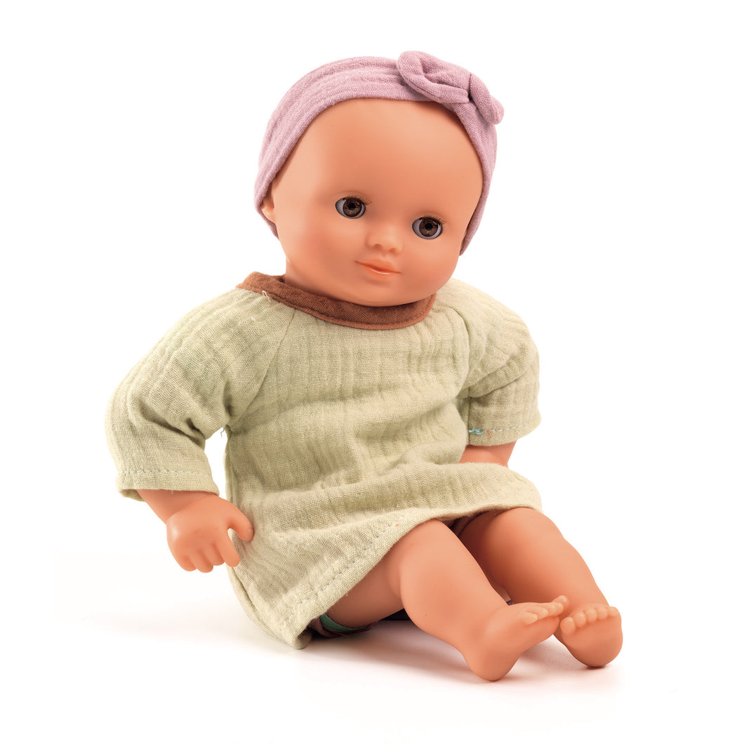 Pomea Dolls by Djeco - 32cm doll with green and pink cotton outfit