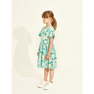 Mainio - Eggshell blue dress with all over rose print and ruffle sleeves