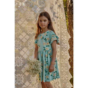 Mainio - Eggshell blue dress with all over rose print and ruffle sleeves